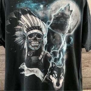 Gildan Indian Warrior Skeleton Wolf Howling At The Moon T-Shirt Men's 2XL (P1)
